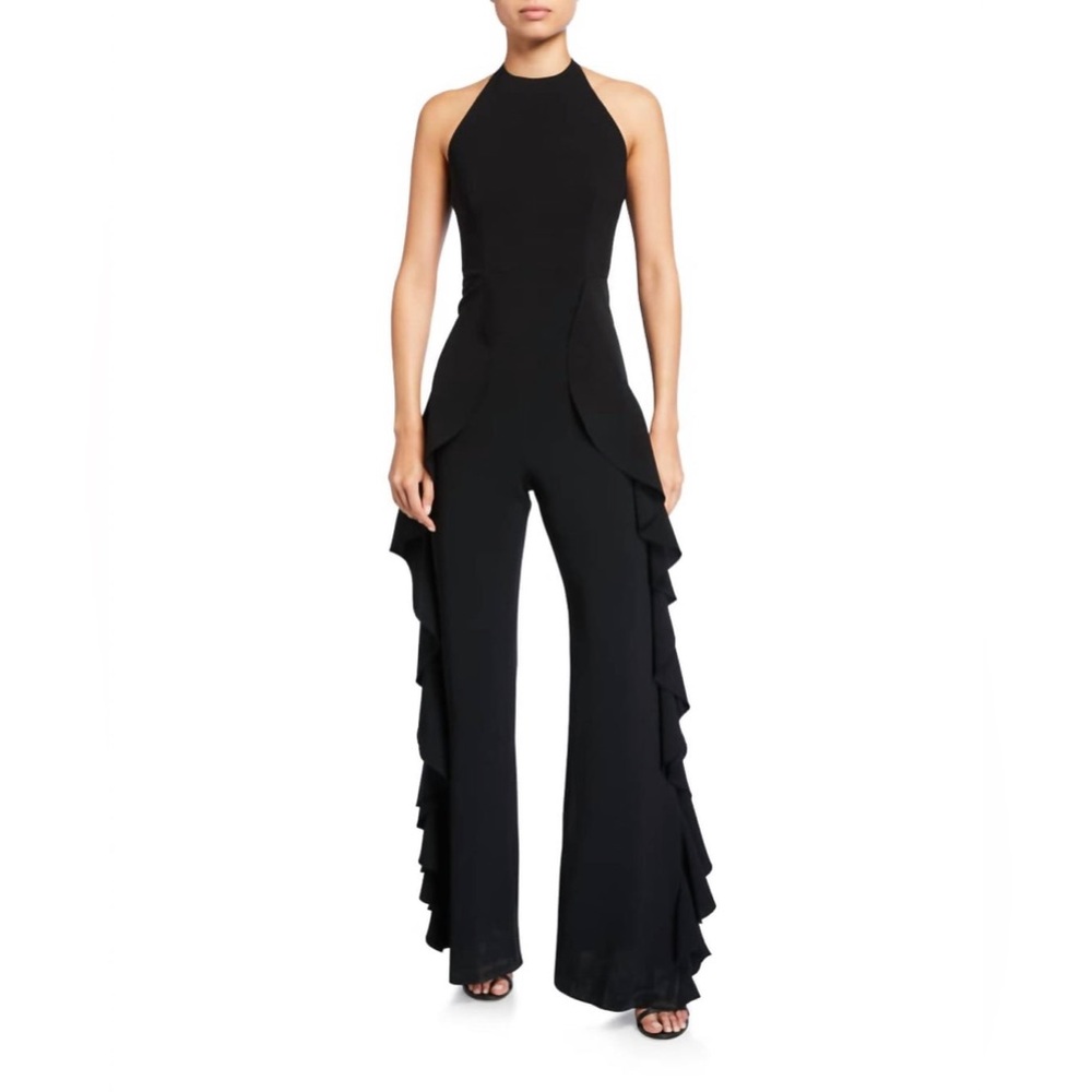 Cinq a Sept Saphir Jumpsuit Black with Ruffles both Sides Size 10 Stretchy